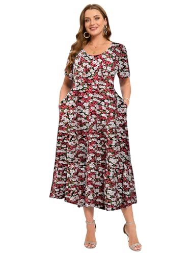 Image of LARACE Plus Size Dresses for Women Summer Casual Short Sleeve Long Dress Flowy Maxi Beach Dresses with Pockets L-6XL(A-Red51 5X)