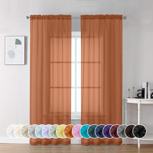 Chyhomenyc Orange Sheer Curtains 84 Inch Length 2 Panels, Light Filtering Soft Airy Voile Rod Pocket Sheer Window Drapes for Bedroom Living Room, Each 42Wx84L Inches