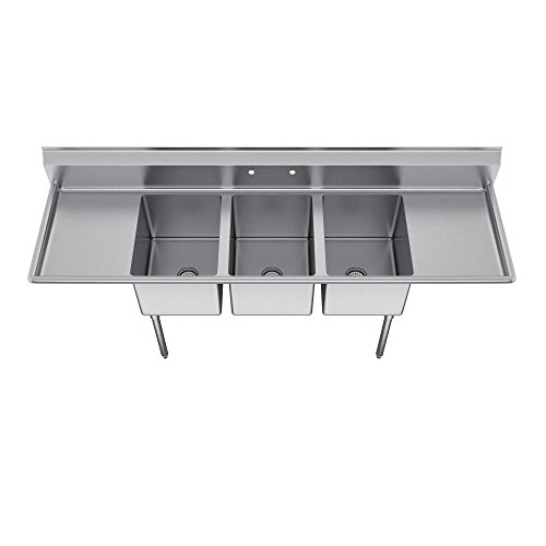 Elkay Foodservice 3 Compartment Sink, 58"X19.75" Oa, 36" Working Height, 10X14 Bowl, 10 Deep, 10.75" Backsplash, Left & Right 12 Drainboards, 8" On Center Faucet Hole, Galvinized Legs, Adjustable Feet, 16 Gauge 300 Series Stainless Steel, Nsf Certified #TOP1