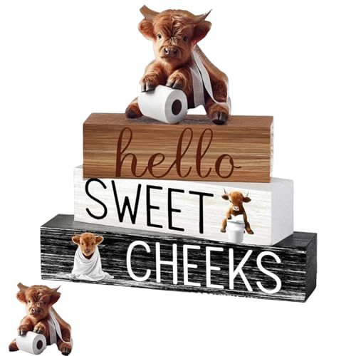 KxrTpx Highland Cow Ornaments Bathroom and Home Decor Set 4PCS Highland Cow Accessories with Farmhouse Style Rustic Wooden Decorations for Living Room and Western-Themed Interior Design