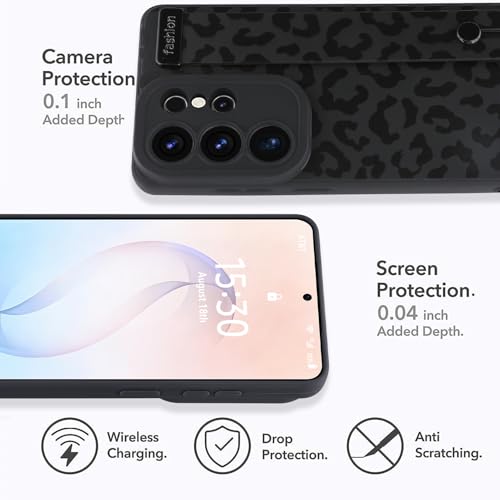 Image of Compatible with Samsung Galaxy S26 Ultra Case with Strap Wrist Black | Cheetah Print Shockproof Soft TPU Protective Cover for Women Girls, Slim Anti Scratch Case 6.9 Inch, Black