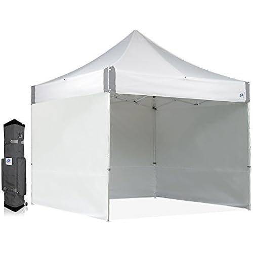 E-Z UP ES100S Instant Commercial Pop Up Canopy Tent, 10' x 10' with 3 Sidewalls, 1 Mid-Zip Sidewall and Wide-Trax Roller Bag, White