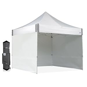 E Z UP ES100S Instant Commercial Pop Up Canopy Tent 10 x 10 with 3 Sidewalls 1 Mid Zip Sidewall and Wide Trax Roller Bag White