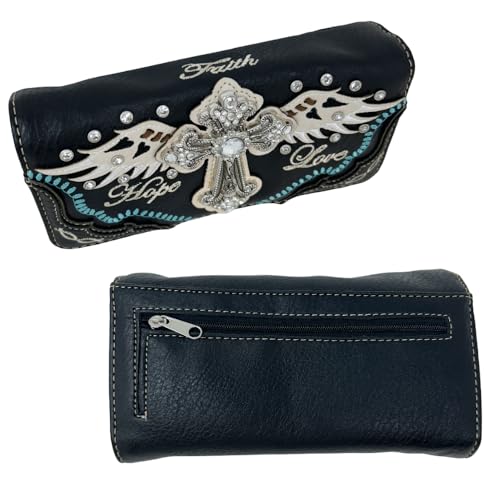 Image of Faith Love Hope Purse and Wallet Set - Angel Wings Cross Bag for Women - Black