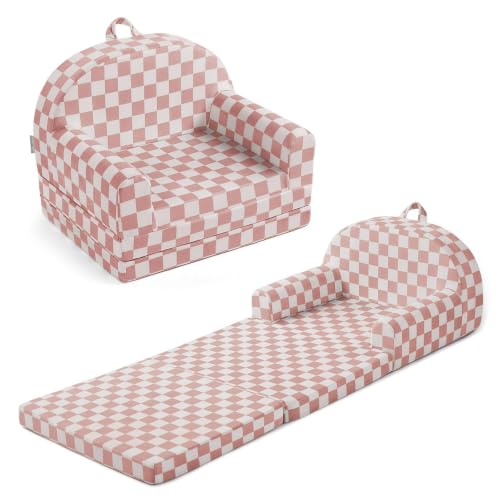 Blissful Diary Foldable Kids Couch, 2-in-1 Kids Sofa Chair, Blush Check