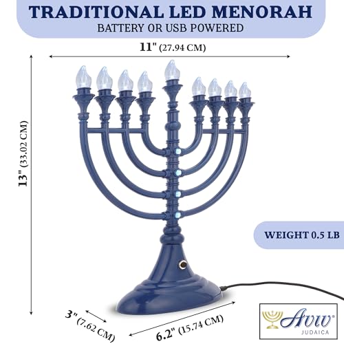 Aviv Judaica Traditional LED Hanukkah Menorah Powered by Battery or USB Chanukiah Electric Menorah 4' Micro USB Cable Included - Electronic Chanukah Candles Minorah Lighted Hanukah Decorations (Blue)