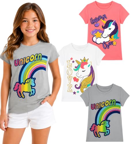 Image of MISS POPULAR Girls 3-Pack Super Soft Short Sleeve T-Shirts Unicorn Butterfly Glitter Print Cute Design| Sizes 7-16