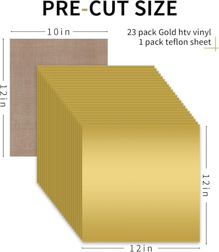 Image of HTVRONT Gold HTV Heat Transfer Vinyl Bundle: 24 Pack 12 inchx12 inch Iron on Vinyl Sheets for T-Shirt (1 PTFE Sheet Included), Gold PU HTV Vinyl Easy to Cut & Weed for Heat Design