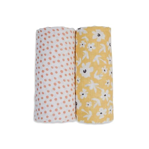 Lulujo Baby Swaddle Blankets | Unisex Softest Breathable Cotton Muslin Swaddle Blanket Set | Neutral Receiving Blanket for Girls & Boys | 40in x 40in | Yellow Wildflowers & Dots | 2-Count