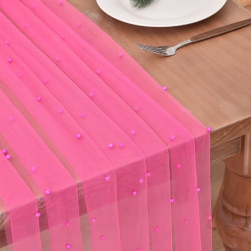 Joanlody Fuschia Pearl Table Runner Easter 10ft Rustic Boho Tulle Spring Summer Runner with Pearls for Baby Shower Wedding Party Veil Dessert Table Decor Hot Pink by Joanlody - Image 3