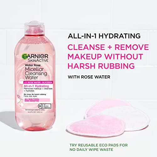 L'Oreal Garnier Micellar Water with Rose Water and Glycerin, Hydrating Facial Cleanser & Makeup Remover, For All Skin Types, Vegan, Cruelty Free, 13.5 Fl Oz (400mL), 2 Count