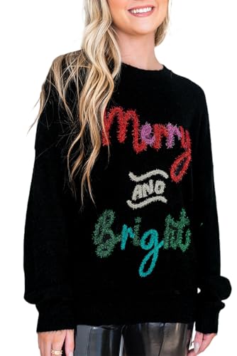 Women's Black Tinsel Merry and Bright Graphic Christmas Sweater