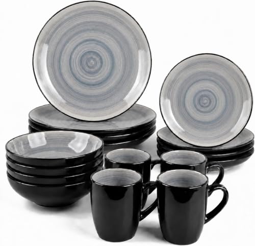 Image of PRADICHI 16 Piece Dinnerware Set for 4 – Round Kitchen Dinner Set with Dinner Plates, Dessert Plates, Cereal Bowls & Mugs – Teal Blue & White Tableware Combination Set (Light Grey)