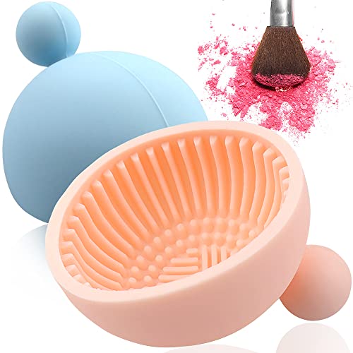 NAIHOD 2 Pieces Makeup Brush Cleaner Mat Silicone Scrubber Bowl Foldable Makeup Brush Cleaning Pad Brush Holder Scrubber Air Cushion Sponge Ball Cleaning Portable Cosmetic Brush Washing Tool