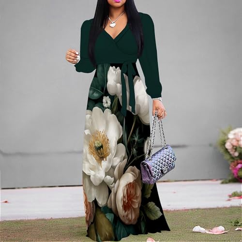 Image of Women's Plus Size Maxi Dresses Long Sleeves V Neck Floral Print Bohemian Swing Long Dress with Belt