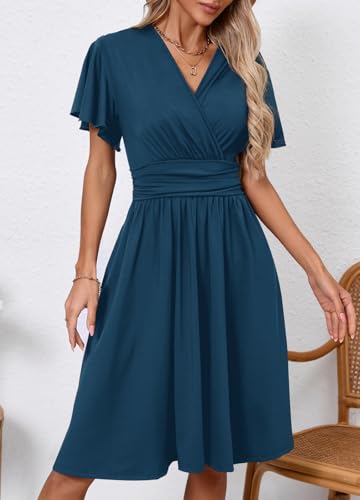 Image of Women's Casual Summer Dress V Neck Short Sleeve Flowy Stretchy Comfort Fit for Daily Wear Work Midi Dresses