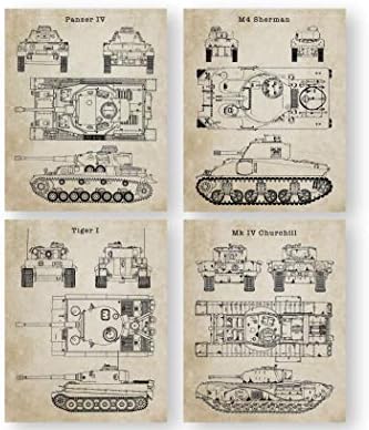 DESERT MERCANTILE World War 2 Tanks Wall Art Print - Set of 4-8x10 UNFRAMED US Military WW2 Themed Pictures. Vintage Blueprint Style and Appearance.
