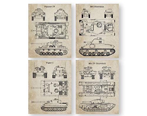 Desert Mercantile World War 2 Tanks Wall Art Print - Set Of 4-8X10 Unframed Us Military Ww2 Themed Pictures. Vintage Blueprint Style And Appearance. #TOP11