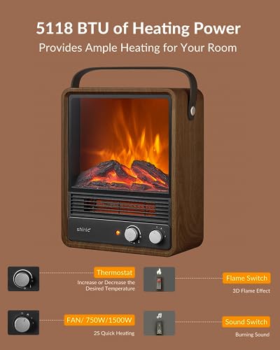 Portable Electric Fireplace Heater for Indoor Use, 1500W with Realistic Flame & Safety Protection