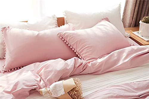 Tannicoor Pom Fringe Duvet Cover Set - 2 Piece Natural Ultra Sofe Color Washed Cotton Bedding Set, Modern Style Down Comforter Quilt Cover With Zipper Closure(Twin,Peach Pink) #TOP3