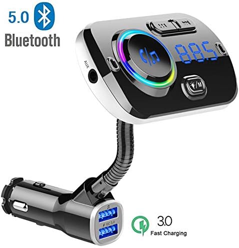 HLOMOM FM Transmitter for Car (Bluetooth 5.0) Wireless Radio Adapter Hands-Free with Dual USB Charger, QC3.0 Fast Charging Function, Support SIRI/Google Voice Assistant, USB, TF Card, AUX Input/Output