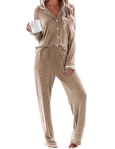 Ekouaer Women's Pajama Sets Long Sleeve Button Down 2 Piece Pjs Soft Lounge Sets Notch Collar Sleepwear