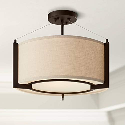 Possini Euro Design Stinson Modern Ceiling Light Semi Flush-Mount Fixture 17 1/4 Wide Bronze 3-Light Linen Drum Shade Frosted Glass Diffuser for Bedroom Kitchen Living Room Hallway Dining Bathroom