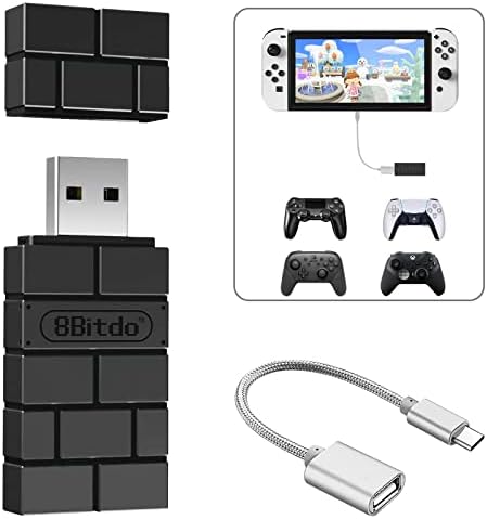 8BitDo USB Wireless Controller Adapter 2 Converter Dongle for Switch/Switch OLED,Steam Deck,Windows,MacOS,Raspberry Pi,PS5/PS4/PS3 Controller,Xbox Series X/S,Xbox One Bluetooth Controller, OTG Cable