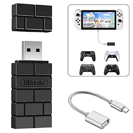 AKNES 8BitDo USB Wireless Controller Adapter 2 Converter Dongle for Switch1/2 / Switch OLED,Steam Deck,Windows,macOS,PS5/PS4/PS3 Controller,X Box Series X/S,X Box One Bluetooth Controller OTG Cable