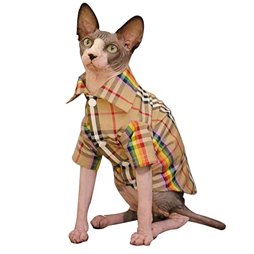 Sphinx Haarlose Katze Kleidung Frühling Und Sommer Baumwolle Kariertes Hemd Mantel Haustier Katze Kleidung,Khaki - Plaid,XS Cover