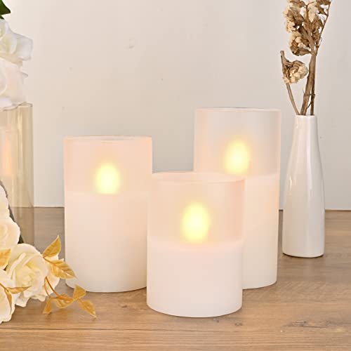 M Mirrowing Frosted Glass Flameless Candles, Battery Operated Candles With Remote & Timer, Real Wax Candles Warm Color Flickering Light For Home Decoration, Set Of 3 (D 3"×H 4" 5" 6") Warm White #TOP2