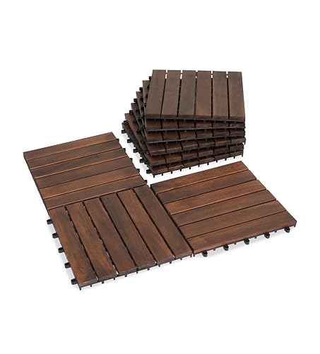 VICTORY RELAX Natural Acacia 12x12 Interlocking Wood Deck Tiles for Balcony, Garden, Patio, Poolside Decor - Waterproof Indoor & Outdoor Flooring - 6 Slats, Round Joints, Pack of 9, Brown Color by VICTORY RELAX - Used condition - US$38.44