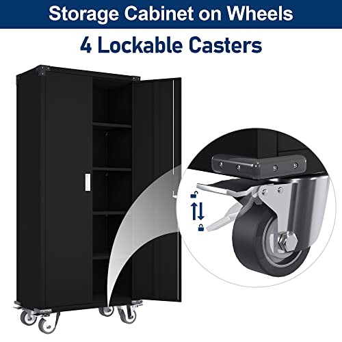 Aobabo Metal Rolling Storage Cabinet With Lock,Steel Garages Cabinet With 2 Doors And 4 Shelves,72'' Tools Storage Cabinet On Wheels For Garage,Warehouse,School,Black,Assembly Required #TOP6