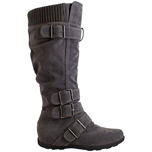 Generation Y Women's Knee High Mid Calf Flats Boots Sweater Knitted Cuff Buckles Wedge Rubber Sole Charcoal Suede Size 10 #TOP1
