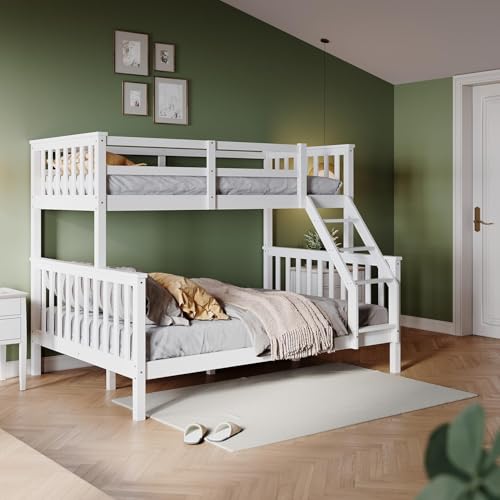 ZANOFIRA Bunk Bed with Ladder, Solid Pine Wood Triple Bed Frame, Single Bed and Double Bed Set, Double 4 Foot 6, Single 3 Foot Sleeper Bed For Kids Children Home, White