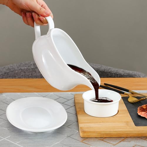 Miecux Gravy Boat wiht Tray, Ceramic Serving Saucer&Dish Dispenser for Sauces, Dressings and Creamer, Large Handle, Microwave and Dishwasher Safe, 15 oz (White) - Thumbnail 6