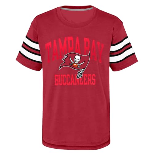 NFL Kids Youth 8-20 Team Official Stripe Wordmark Primary Logo Cotton Short Sleeve Fashion Football T-Shirt (Tampa Bay Buccaneers Red, 14-16)