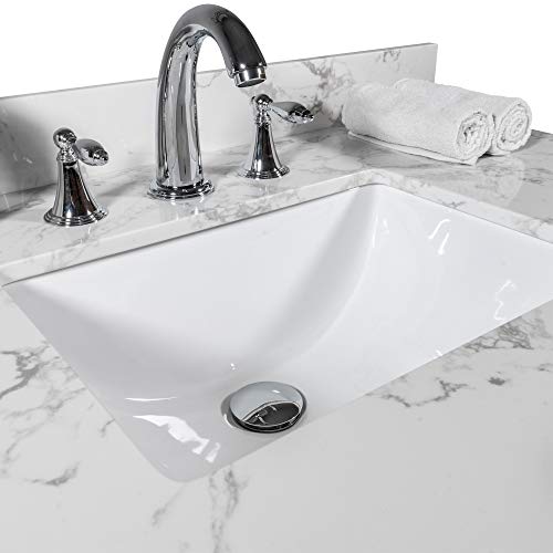 37 Inch Marble Vanity Top With Undermounted Rectangular Ceramic Sink & Backsplash, White Carrara Engineered Stone Countertop For Bathroom Kitchen Cabinet 3 Faucet Hole (Not Include Cabinet) #TOP5