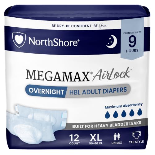 NorthShore MegaMax AirLock Breathable 9-Hour HBL Adult Diapers for Heavy Bladder Leaks, X-Large, 12 Count, White, 50-60 inches, Tab-Style Incontinence Underwear for Men, Women & Teens