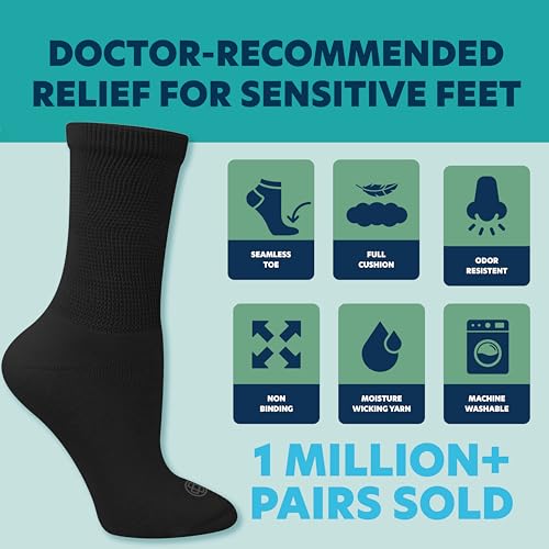 Doctor's Choice Diabetic Socks for Men, Seamless Crew Socks with Non-Binding Top, Provides Extra Comfort for Gout, 4-Pairs, Black, Large, Size 10-13