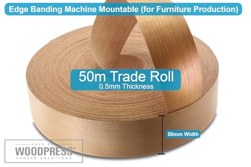 Cherry Holz Furnier Einfassung/Furnier Rand Streifenbildung Klebeband (50 mm Breite x 50 m Länge) – Superior Grade serienmäßig DIY zum Aufbügeln (Hotmelt) PE & geschliffen Furnier Einfassung Rollen