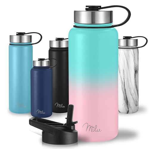 Milu Edelstahl Trinkflasche 500ml, 750ml, 1L (+3 Deckel) Thermosflasche mit Strohhalm, Isolierte Wasserflasche, Auslaufsichere Isolierflasche doppelwandig, Kohlensäure geeignet (Mint Rosa, 0,5 ml)