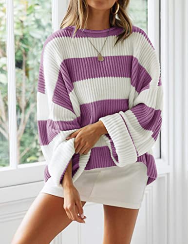 Zesica Women's 2023 Fall Long Sleeve Crew Neck Striped Color Block Comfy Loose Oversized Knitted Pullover Sweater,Purple,Large #TOP24