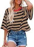 Chicrise Tshirt Mujer Verano Manga Corta Cuello Redondo Clásico A Rayas Camisa Oversize De Bloques De Color Informal Top Marrón Negro Grande 42-44