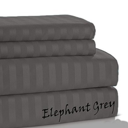 KM Linen 1000 TC Super Deep Pocket 17 Inches Pretty Highest Class Sheet Set (4PCs + 2PCs) Bonus Pillow Cases Cal-King Sizes - Stripes - Elephant Grey (1000 Thread Count)