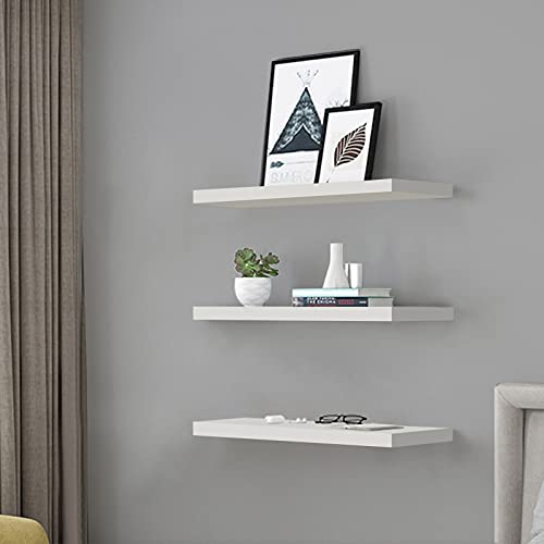 Floating Shelves White Wall Shelf Wood For Bathroom Bedroom Office Kitchen Living Room Wall Decor Set Of 3, White Wall Shelves With Invisible Brackets #TOP2