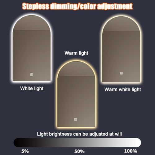 Arched LED Bathroom Mirror - Anti-Fog, Frameless Vanity Mirror with Smart Backlit, 3 Colors Dimmable Light, Large 50x80cm (19.6"x31.4") for Modern Decor