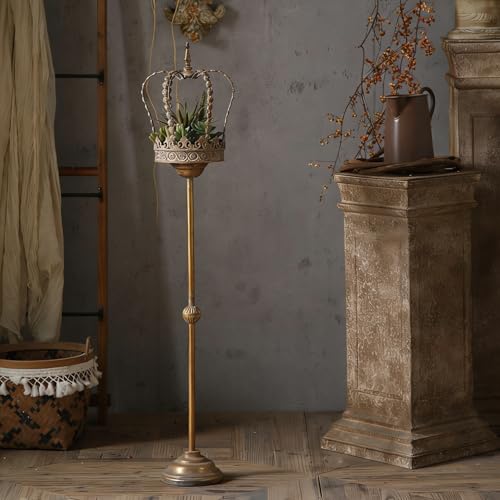 Vintage Crown Top Floor Candelabra - Antique Gold Metal Candle