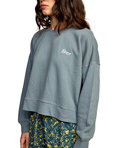 Rvca Women's Graphic Fleece Pullover Crew Neck Sweatshirt, Scrypt/Stormy Blue, Medium #TOP1