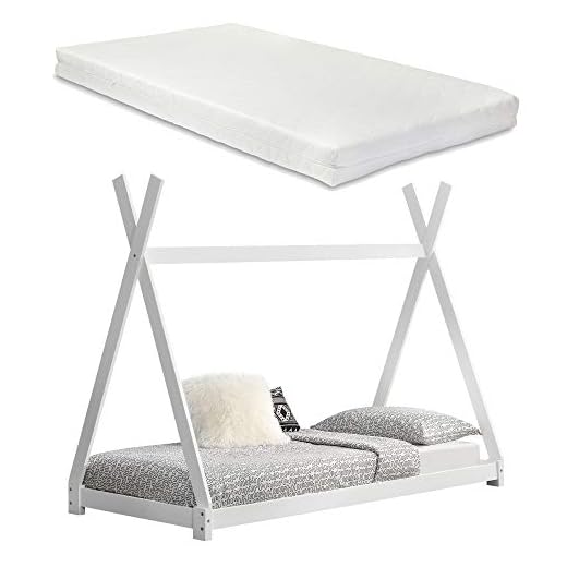 [en.casa] Cama para niños pequeños con colchón Cama Infantil - Estructura Tipi de Madera Pino 200x90cm Textil de Confianza Certificado Öko-Tex 100 Blanco Mate